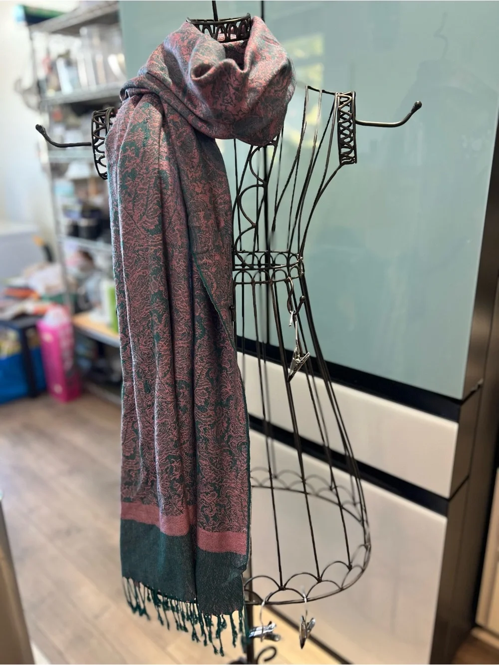 Vintage Intricate Paisley Pashmina Shawl Scarf Wrap - Pink & Green